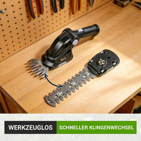 Heckenschere Strauchschere Akku elektrisch 2-in-1 mit Wechselklingen
