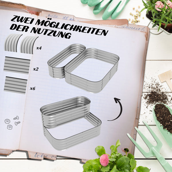 Hochbeet witterungsfest mit offenem Boden 2 Etagen Metall silber