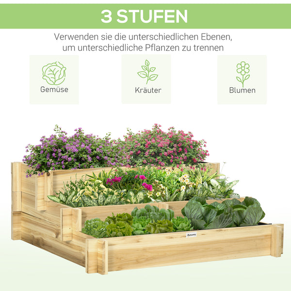 Hochbeet 3-stufig mit Drainage und Stoffauskleidung Naturholz