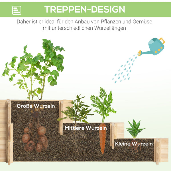 Hochbeet 3-stufig mit Drainage und Stoffauskleidung Naturholz