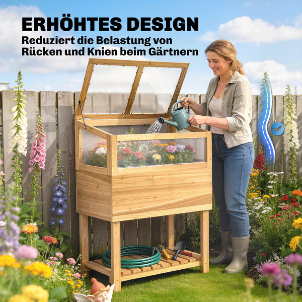 Hochbeet mit Frühbeetaufsatz und aufklappbarer Abdeckung aus Holz
