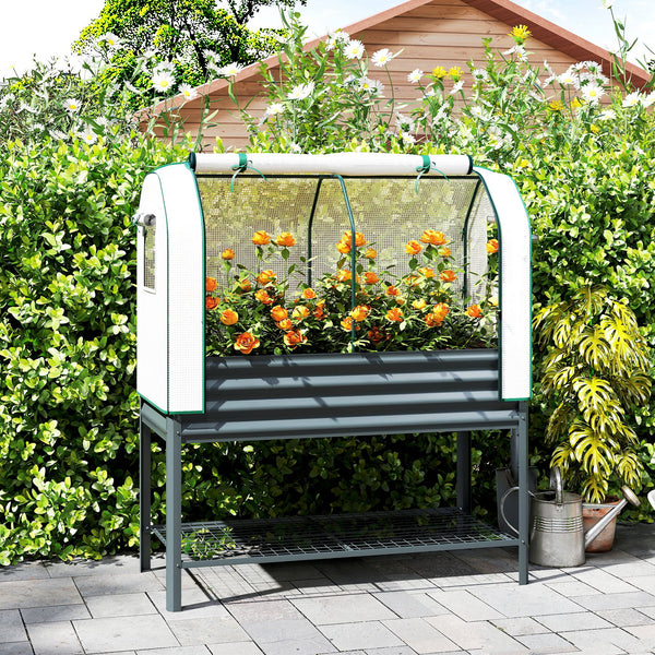 Hochbeet mit Frühbeetaufsatz und Ablage für Garten Metall