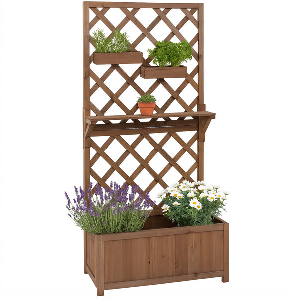 Hochbeet Holz Braun mit Rankgitter und Ablage, 135x70x30cm