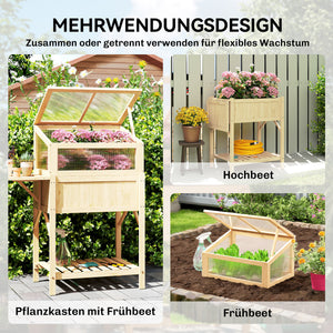 Hochbeet mit Frühbeetaufsatz klappbar und Ablage aus Holz für Garten
