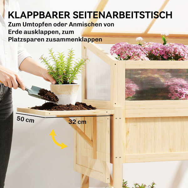 Hochbeet mit Frühbeetaufsatz klappbar und Ablage aus Holz für Garten