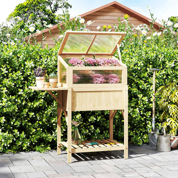 Hochbeet mit Frühbeetaufsatz klappbar und Ablage aus Holz für Garten