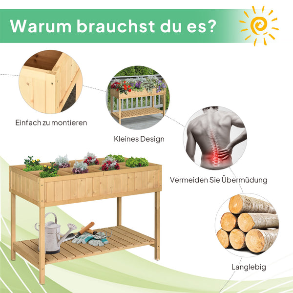 Hochbeet Pflanztisch mit 8 Fächern Ablage und Abfluss aus Holz