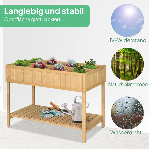 Hochbeet Pflanztisch mit 8 Fächern Ablage und Abfluss aus Holz