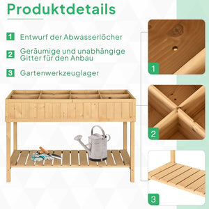 Hochbeet Pflanztisch mit 8 Fächern Ablage und Abfluss aus Holz