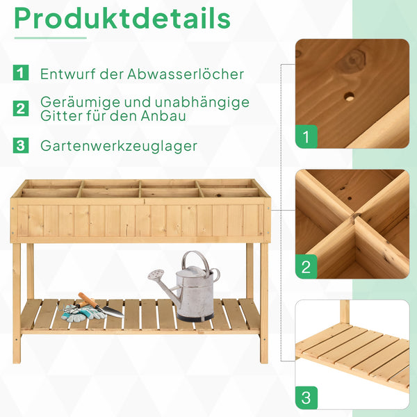 Hochbeet Pflanztisch mit 8 Fächern Ablage und Abfluss aus Holz