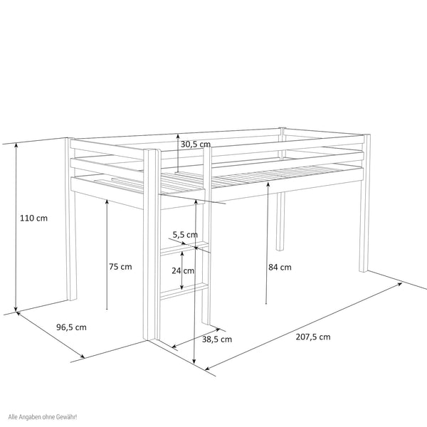 Hochbett Kinderbett 90x200cm aus Holz Grau-Weiss