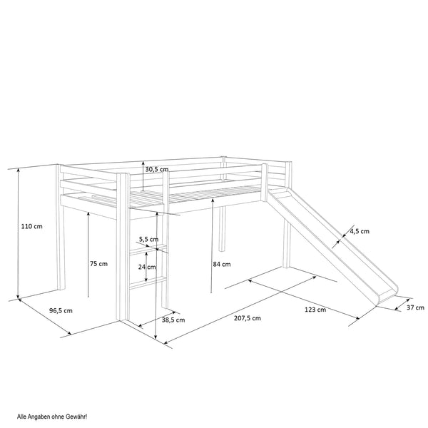 Hochbett Kinderbett 90x200cm aus Holz Grau-Weiss