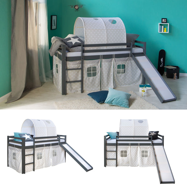 Hochbett Kinderbett 90x200cm aus Holz Grau-Weiss