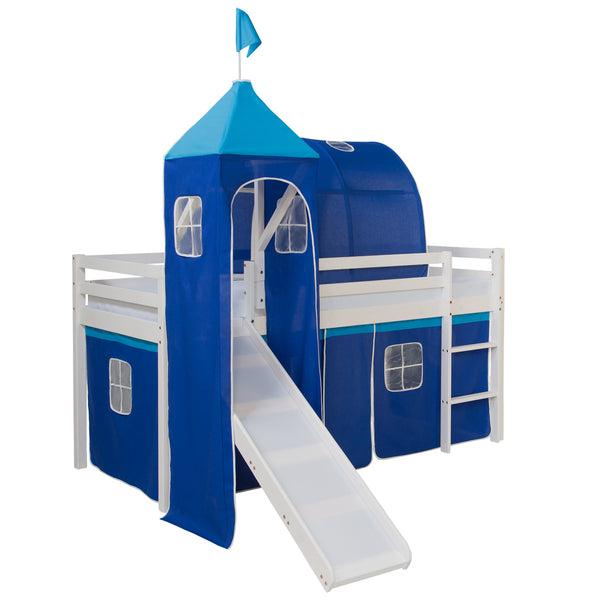 Hochbett Kinderbett 90x200cm aus Holz Weiss-Blau