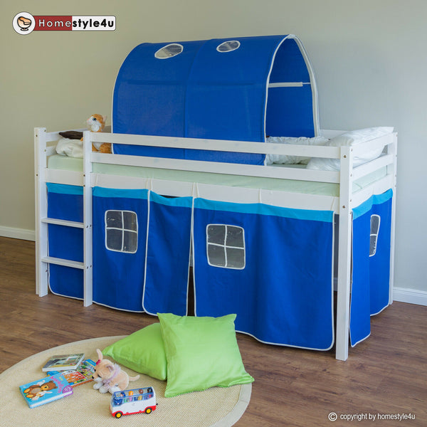 Hochbett Kinderbett 90x200cm aus Holz Weiss-Blau