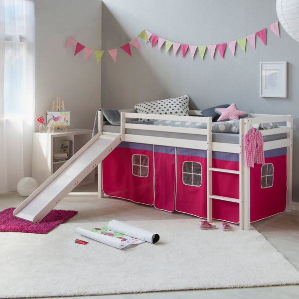 Hochbett Kinderbett 90x200cm aus Holz Weiss-Pink