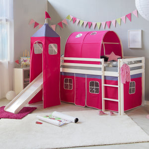 Hochbett Kinderbett 90x200cm aus Holz Weiss-Pink
