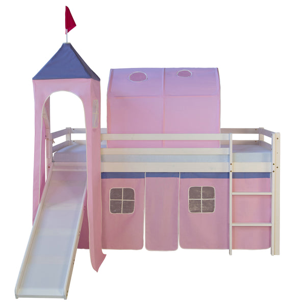 Hochbett Kinderbett 90x200cm aus Holz Weiss-Pink