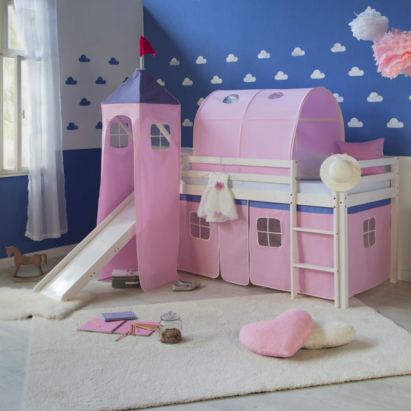 Hochbett Kinderbett 90x200cm aus Holz Weiss-Pink