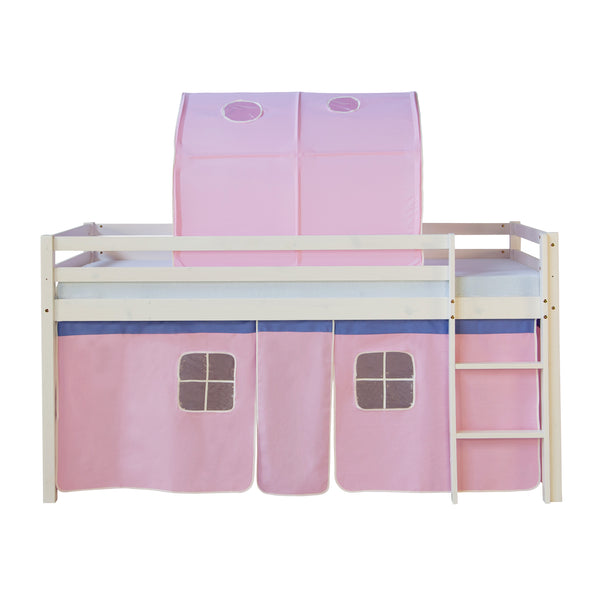 Hochbett Kinderbett 90x200cm aus Holz Weiss-Rosa