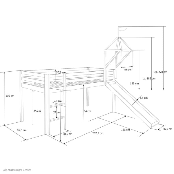 Hochbett Kinderbett 90x200cm Weiss-Grau