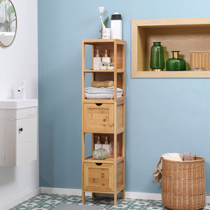 Hochschrank Badezimmer mit Regalen Schubladen Bambus