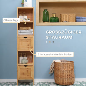 Hochschrank Badezimmer mit Regalen Schubladen Bambus