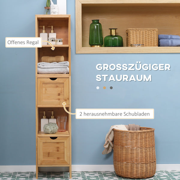 Hochschrank Badezimmer mit Regalen Schubladen Bambus