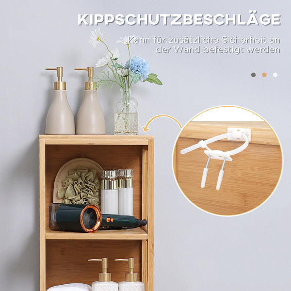 Hochschrank Badezimmer mit Regalen Schubladen Bambus