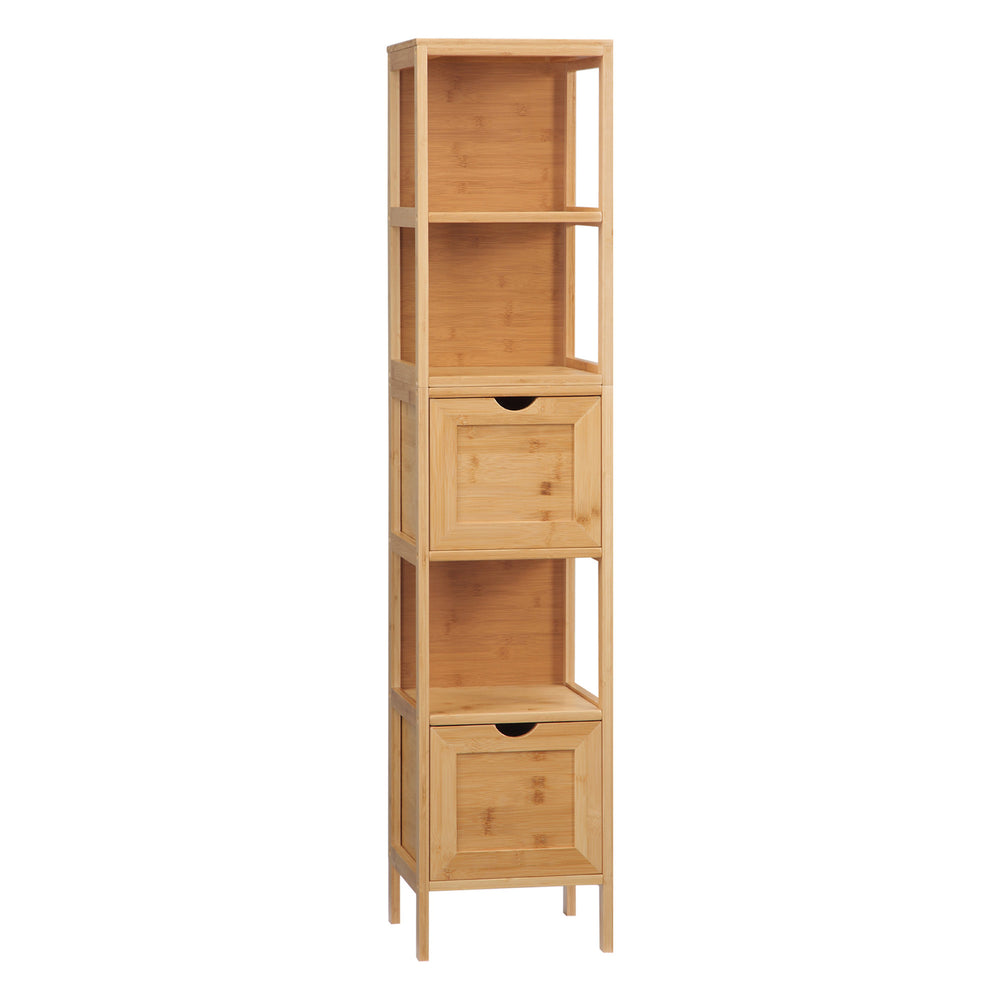 Armoire de salle de bain haute avec étagères et tiroirs, en bambou