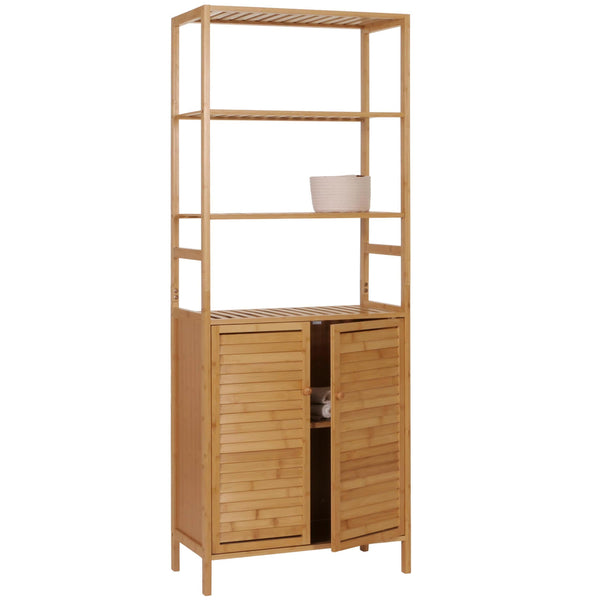 Hochschrank Badschrank Badregal 2 Türen 4 Regalböden Bambus 168x64x33cm