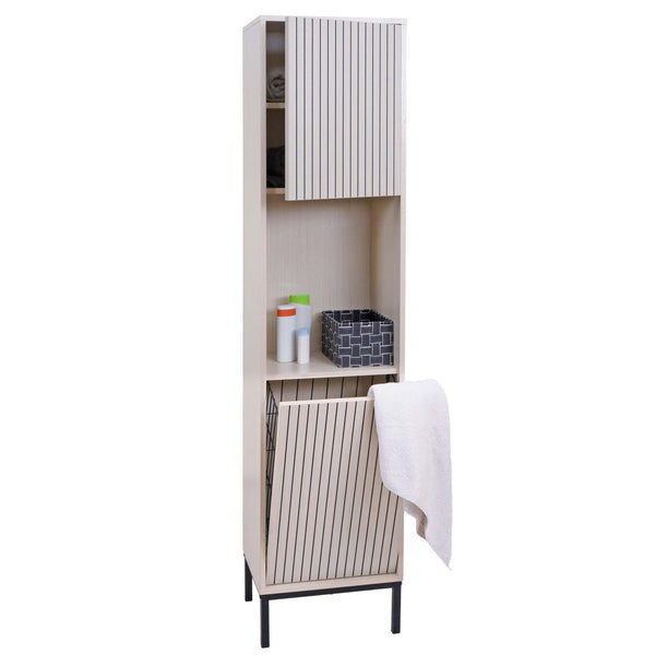 Hochschrank Badschrank Wäschekorb 174x39x30cm Holzoptik beige