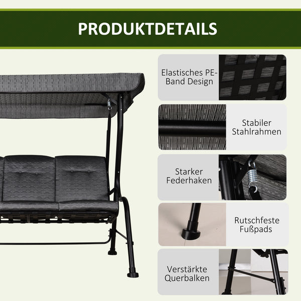 Hollywoodschaukel 3-Sitzer mit verstellbarem Sonnendach für Garten