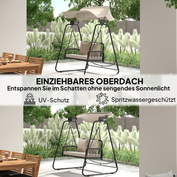 Hollywoodschaukel Gartenschaukel 2-Sitzer Rattan mit Sonnendach und Kissen für Garten
