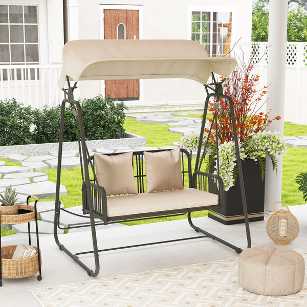 Hollywoodschaukel Gartenschaukel 2-Sitzer Rattan mit Sonnendach und Kissen für Garten