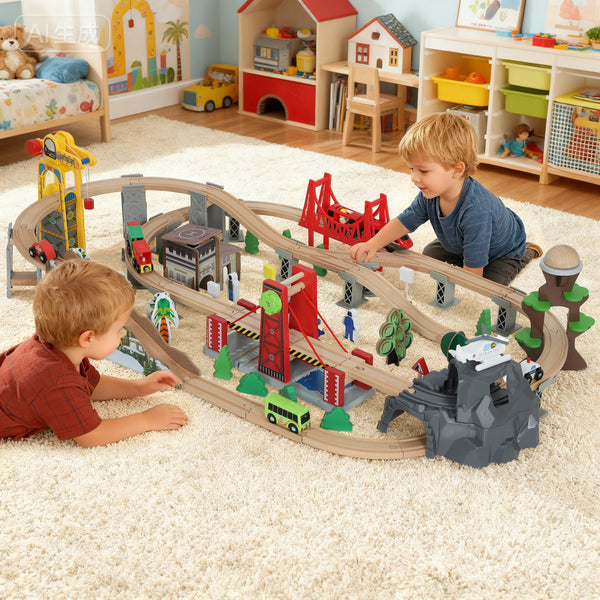 Holzeisenbahn Set mit magnetischem Kran 100 Teile Buchenholz