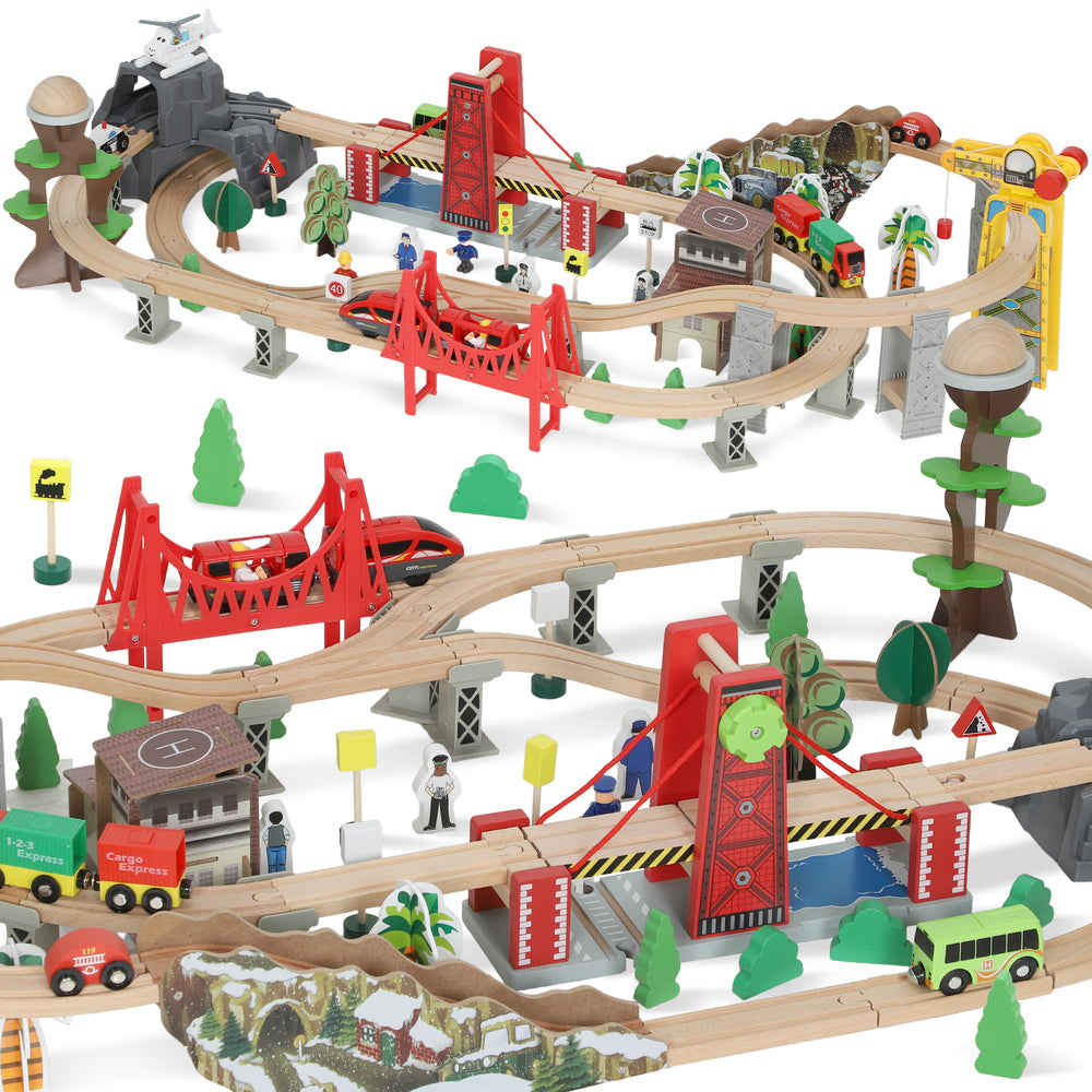 Holzeisenbahn Set mit magnetischem Kran 100 Teile Buchenholz