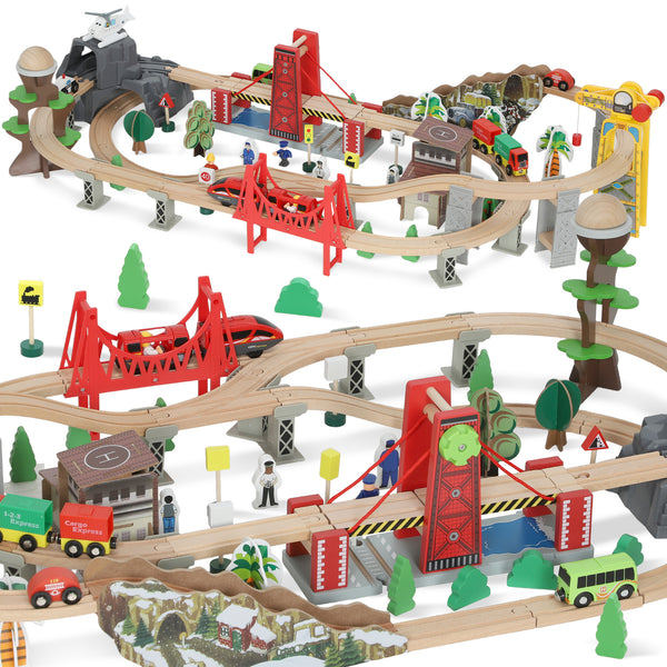 Holzeisenbahn Set mit magnetischem Kran 100 Teile Buchenholz