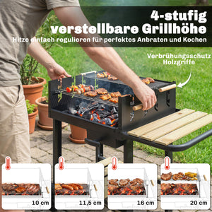 Holzkohlegrill Grillwagen höhenverstellbar mit Ablage und Rädern
