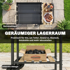 Holzkohlegrill Grillwagen höhenverstellbar mit Ablage und Rädern