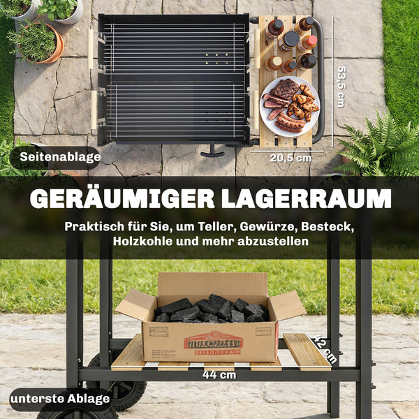 Holzkohlegrill Grillwagen höhenverstellbar mit Ablage und Rädern