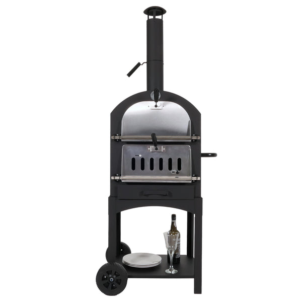 Holzkohlegrill mit Pizzaofen, Grillrost & Pizzastein, schwarz
