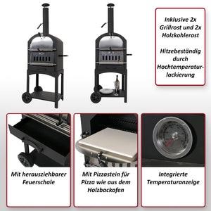 Holzkohlegrill mit Pizzaofen, Grillrost & Pizzastein, schwarz