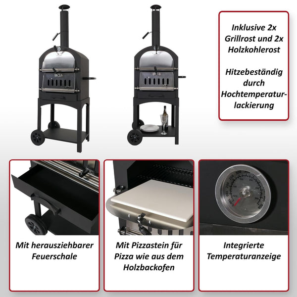 Holzkohlegrill mit Pizzaofen, Grillrost & Pizzastein, schwarz
