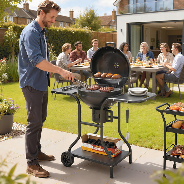 Holzkohlegrill BBQ Smoker mit Seitentischen Deckel und Rädern