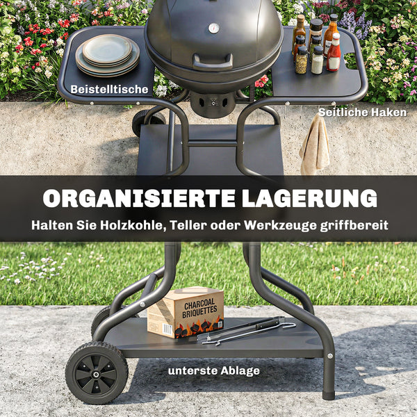 Holzkohlegrill BBQ Smoker mit Seitentischen Deckel und Rädern
