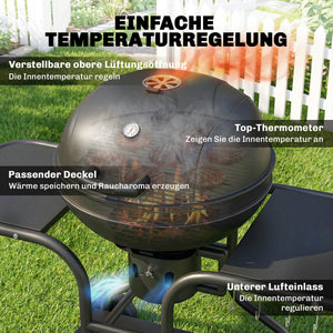 Holzkohlegrill BBQ Smoker mit Seitentischen Deckel und Rädern
