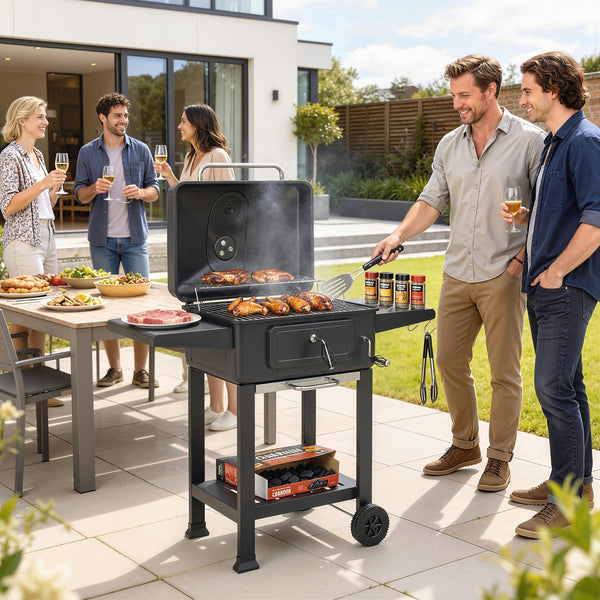 Holzkohlegrill BBQ Smoker höhenverstellbar mit Deckel und Thermometer
