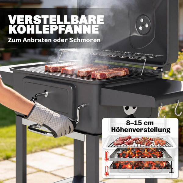 Holzkohlegrill BBQ Smoker höhenverstellbar mit Deckel und Thermometer