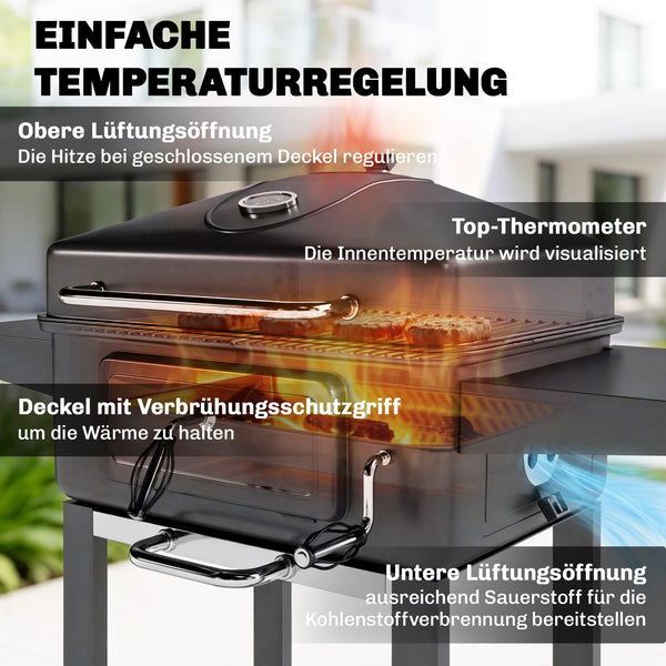 Holzkohlegrill BBQ Smoker höhenverstellbar mit Deckel und Thermometer
